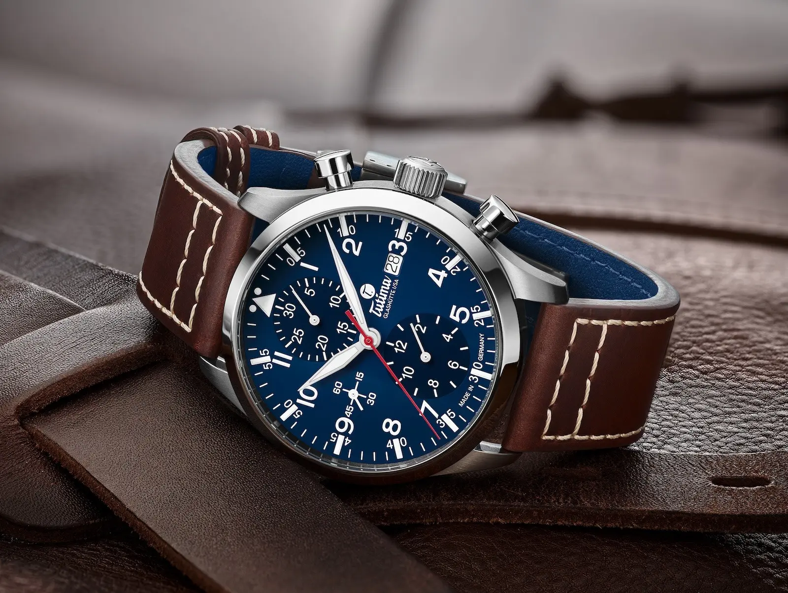 Flieger T5 — blue dial chronograph on brown leather