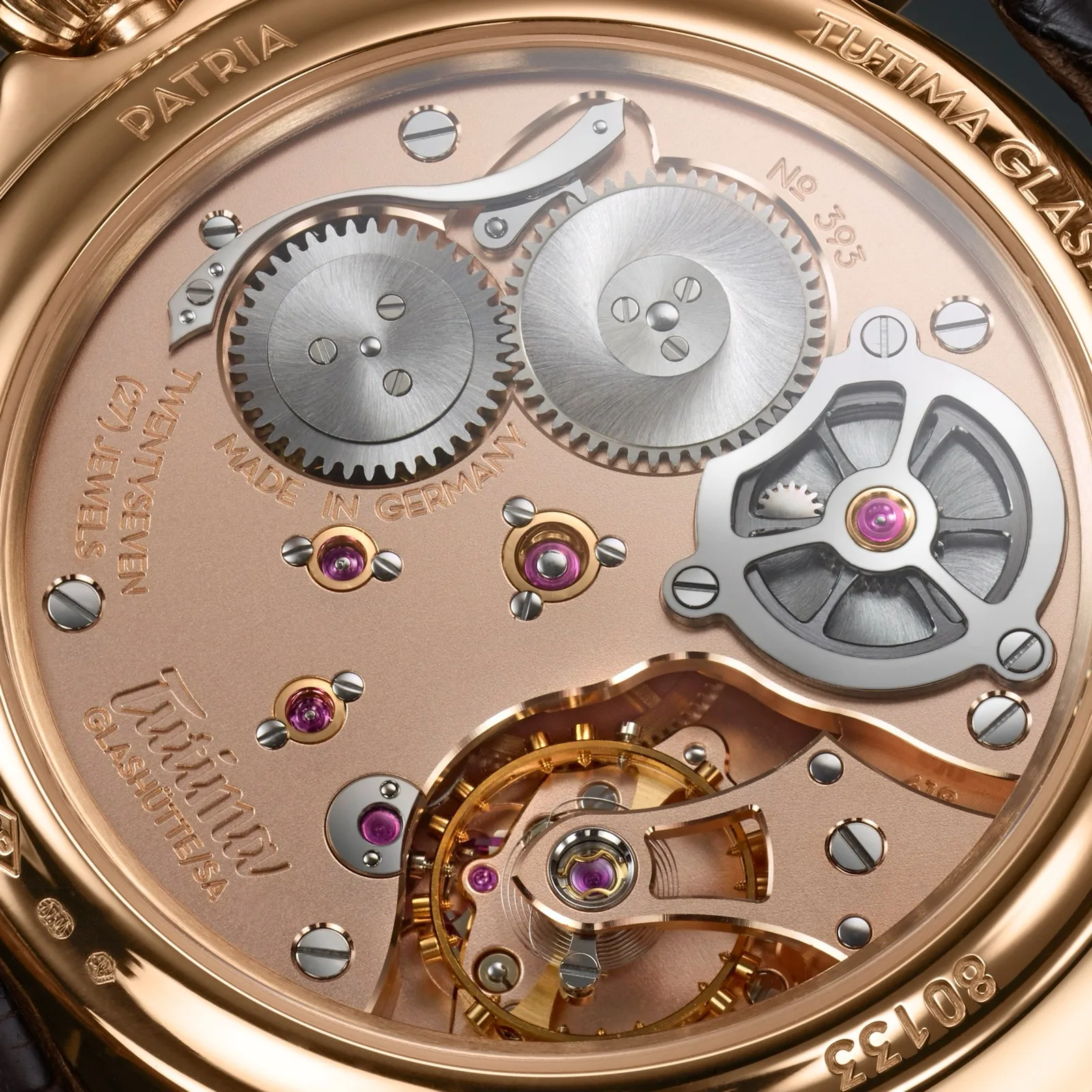 Cal. 618 hand-wound movement with power reserve — 27 jewels, Glashütte stripes