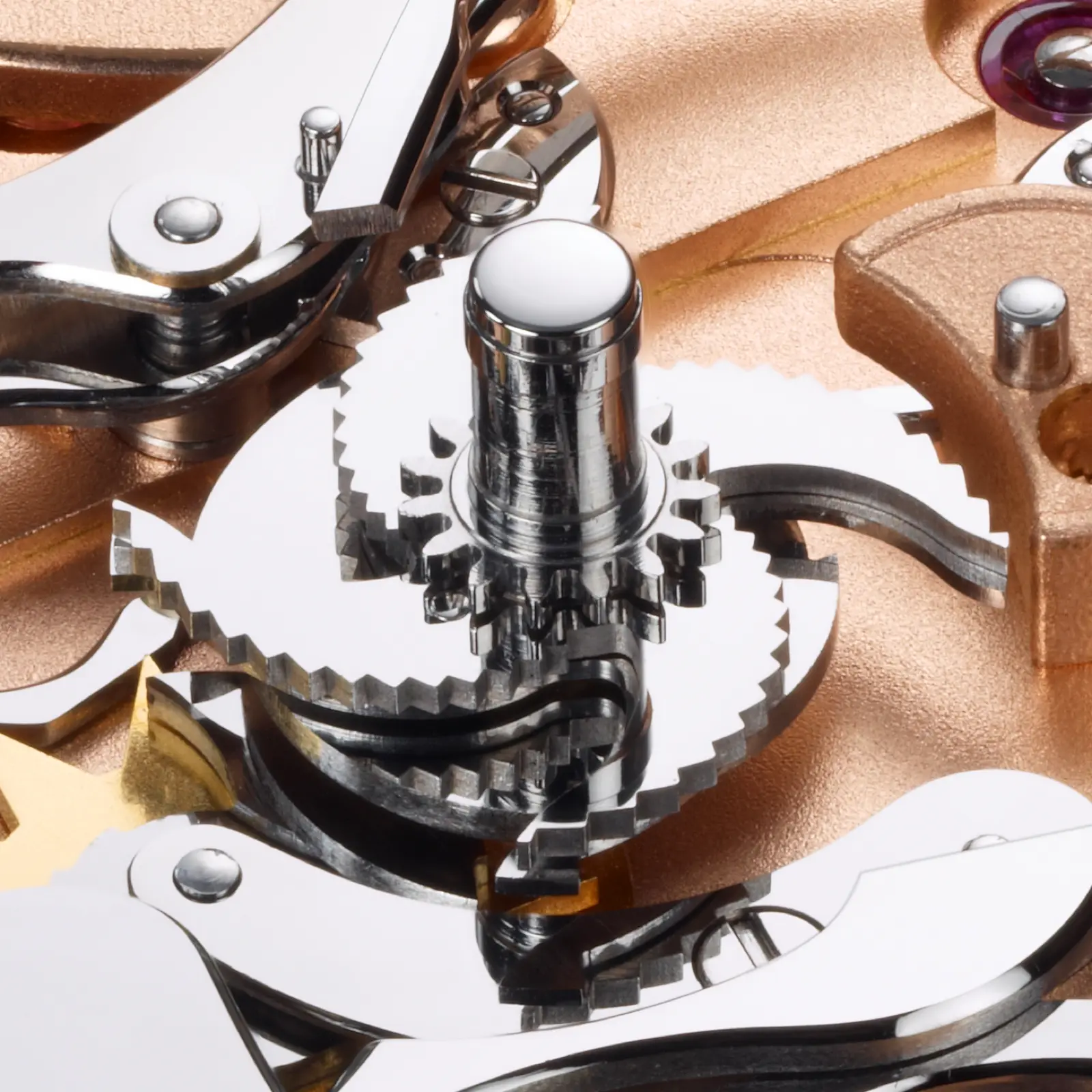 Caliber 800 — column wheel and striking mechanism close-up, polished steel pinion