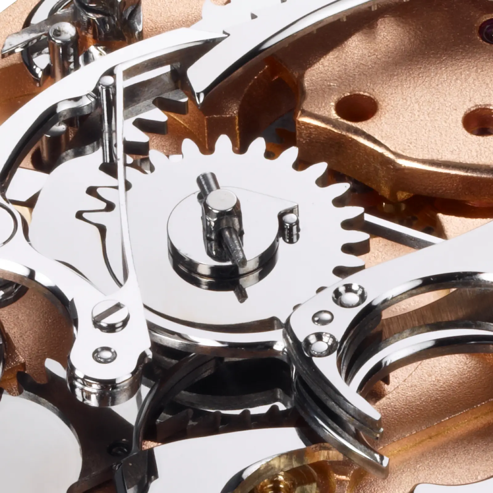 Caliber 800 — star wheel and click mechanism, tin-polished steel on rose gold plate