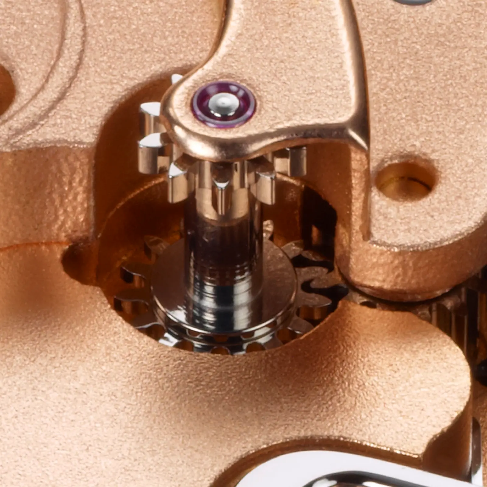 Caliber 800 — jewel bearing and column wheel post detail, frosted rose gold plate