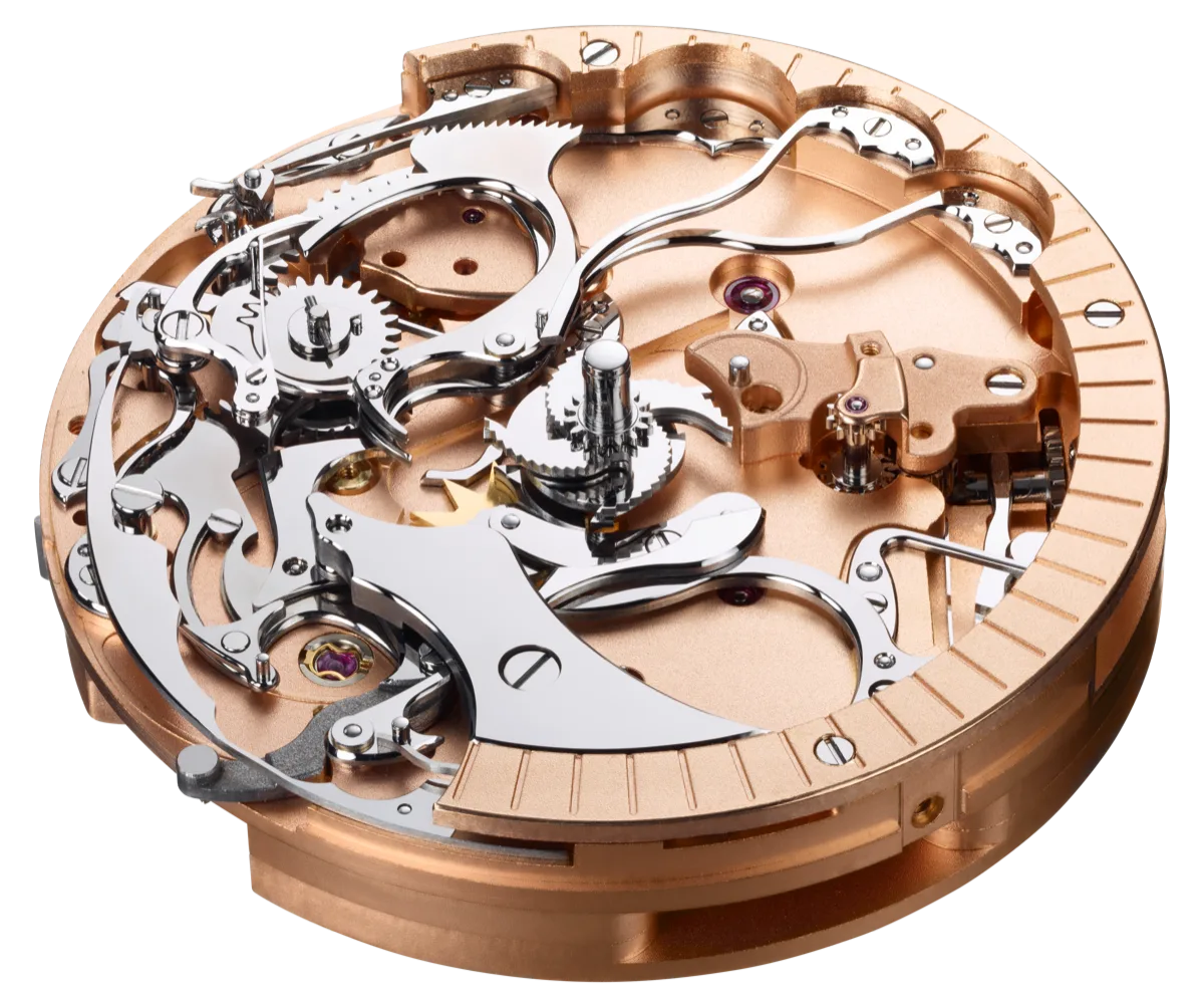 Caliber 800 minute repeater movement — dial side, rose gold three-quarter plate, gong spring and snail cam visible