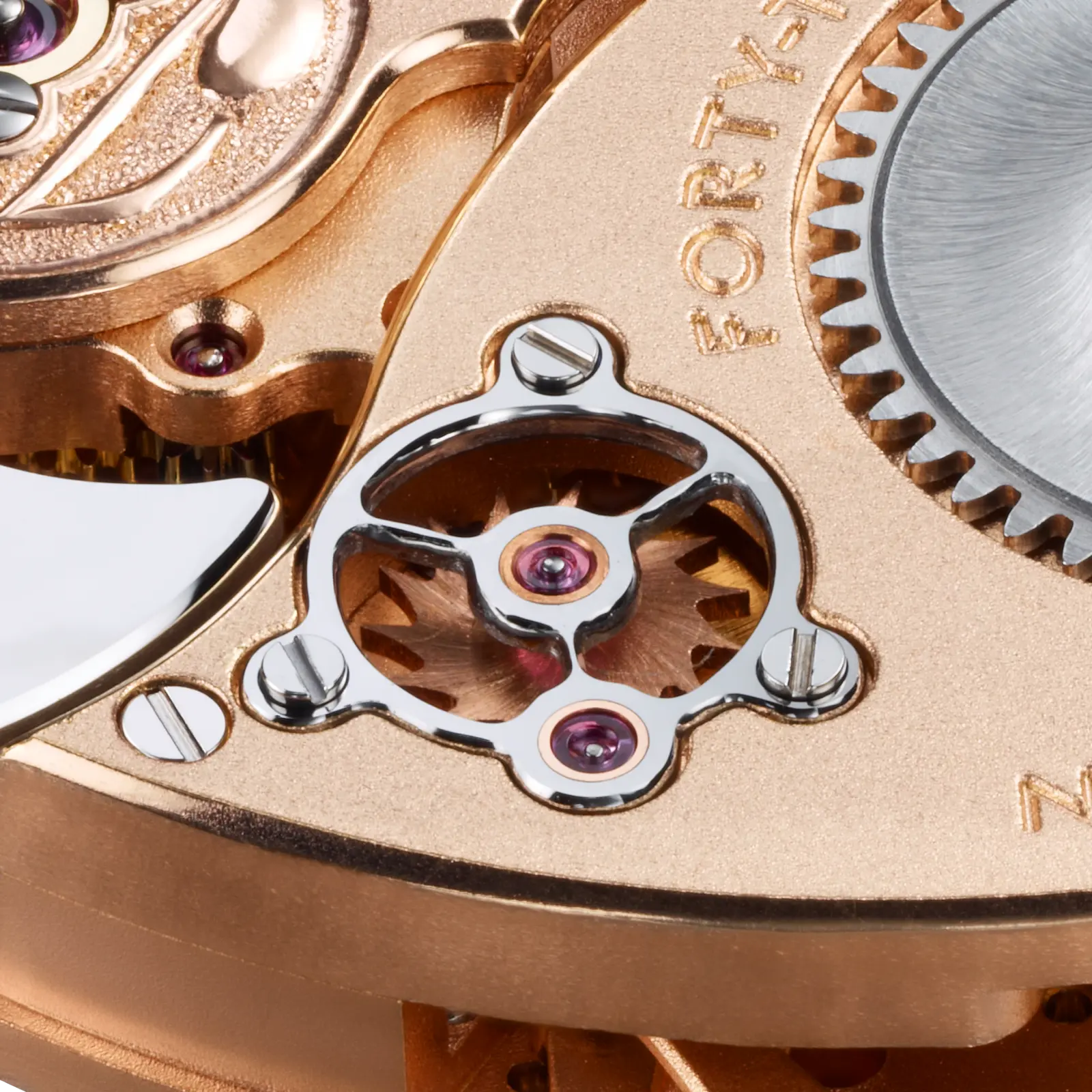 Caliber 800 — escape wheel cock and jewel bearing close-up, Glashütte finishing