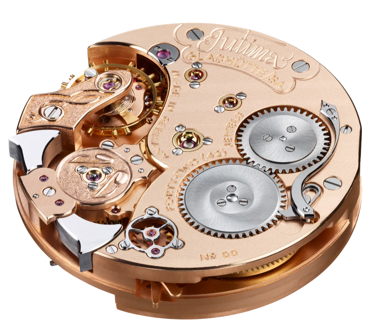 Caliber 800 minute repeater movement — caseback view, Glashütte finishing, hand-engraved balance cock