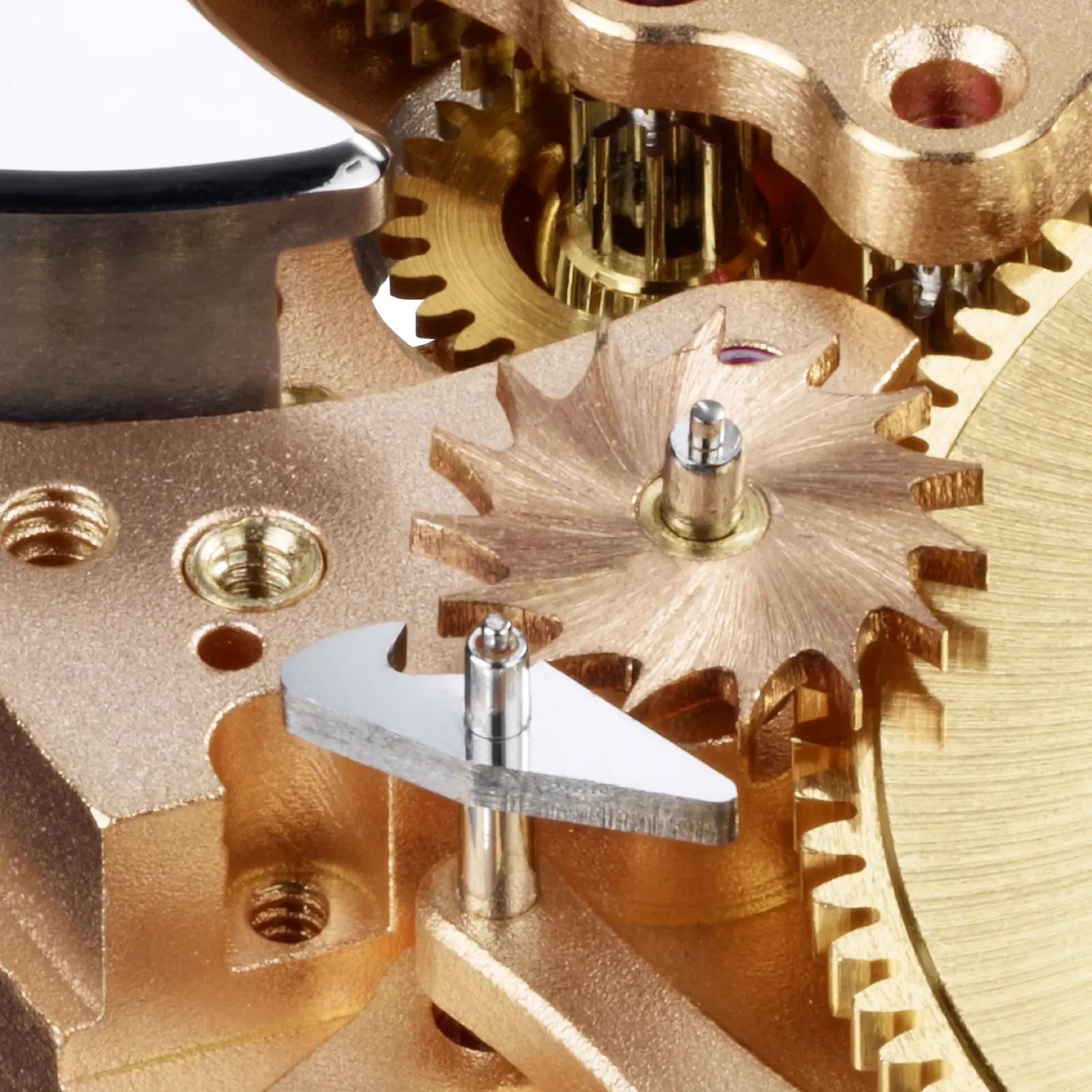 Caliber 800 — striking-mechanism levers and star wheel, sun-finished gold wheels