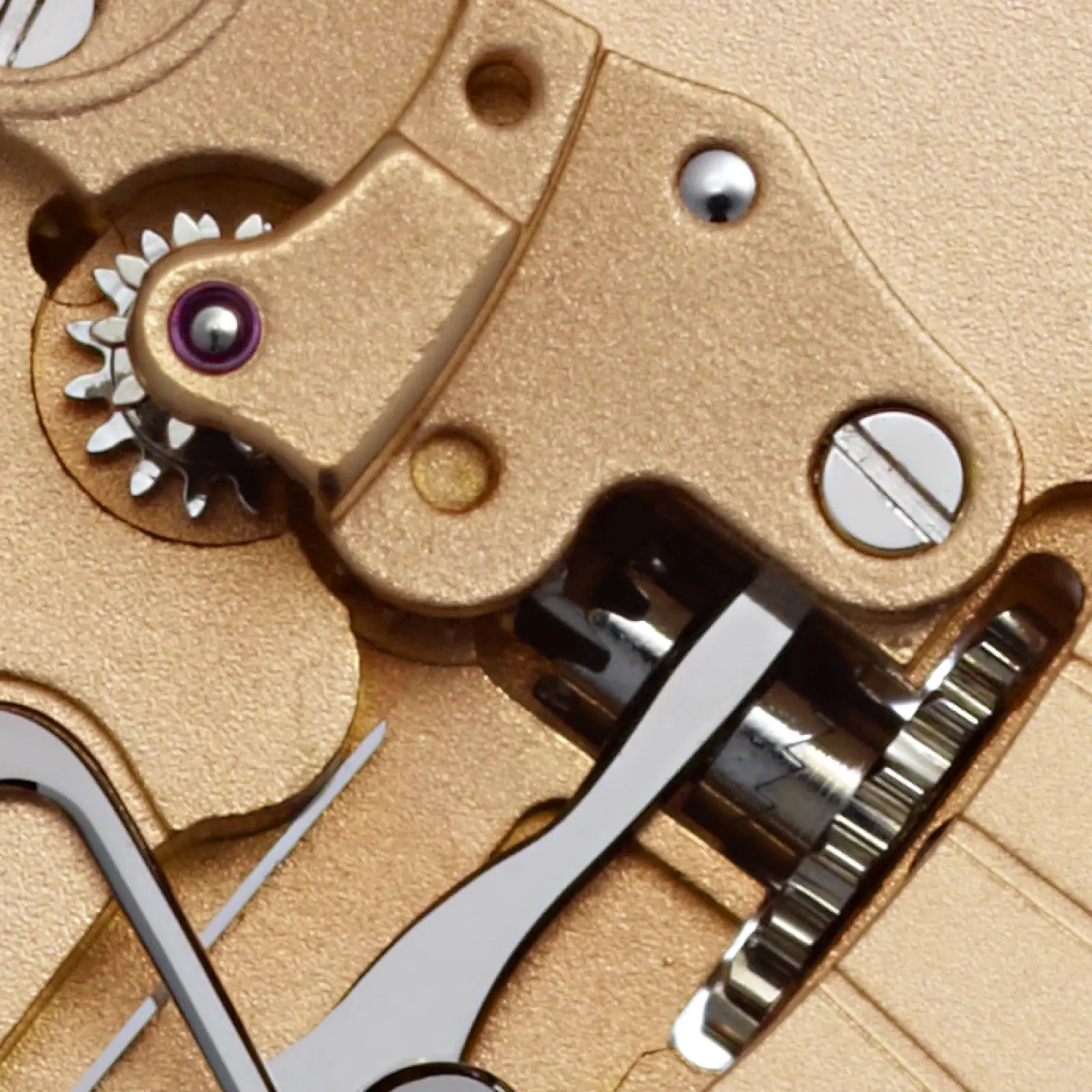 Caliber 800 — star wheel and steel levers, tin-polished surfaces on rose gold