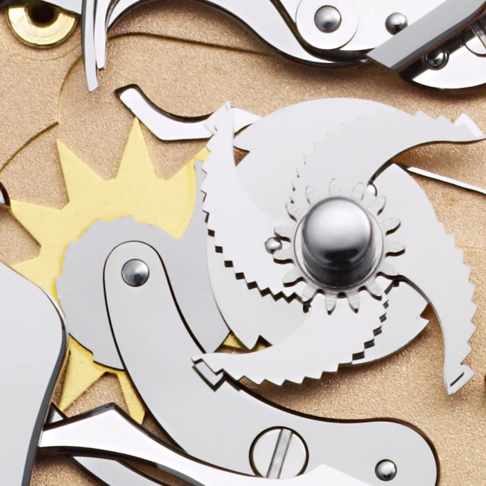 Caliber 800 — gear train detail, polished steel wheels and jewel bearings