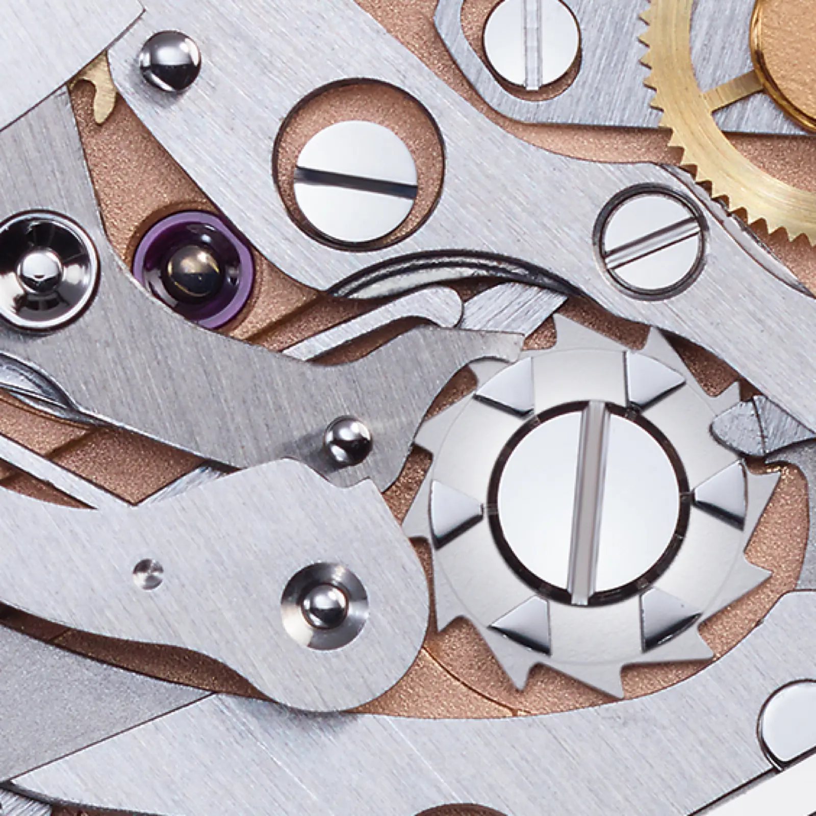 Caliber T659 — tin-polished steel chronograph levers, jewel bearing and column wheel detail