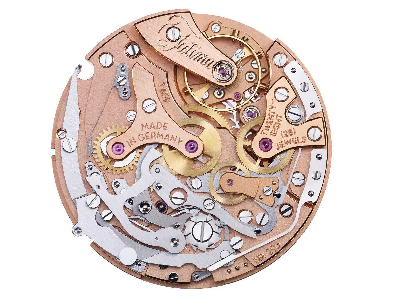 Caliber T659 — movement top view, Glashütte striping and hand-engraved balance cock