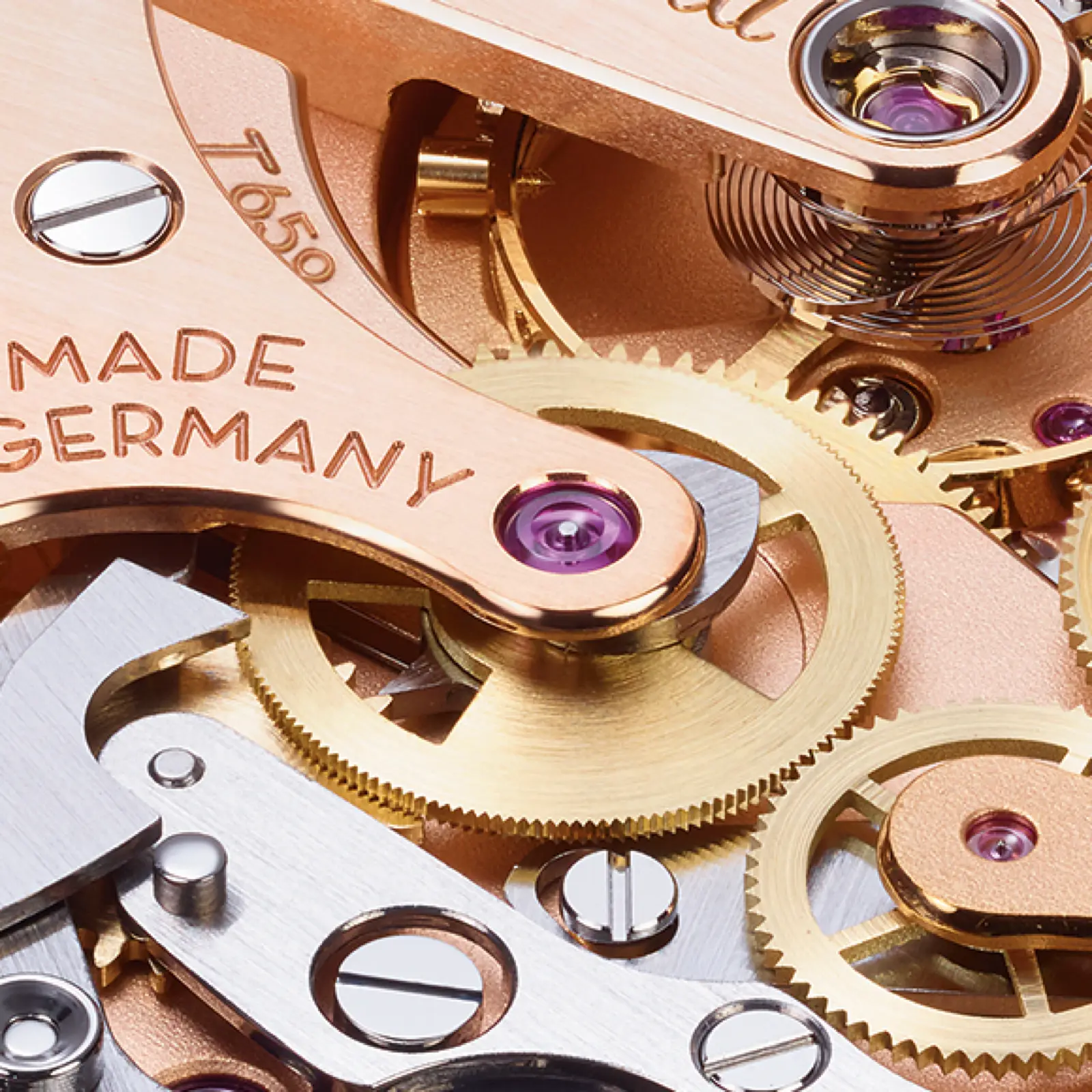 Caliber T659 — Made in Germany engraving, T659 bridge with Breguet overcoil hairspring visible