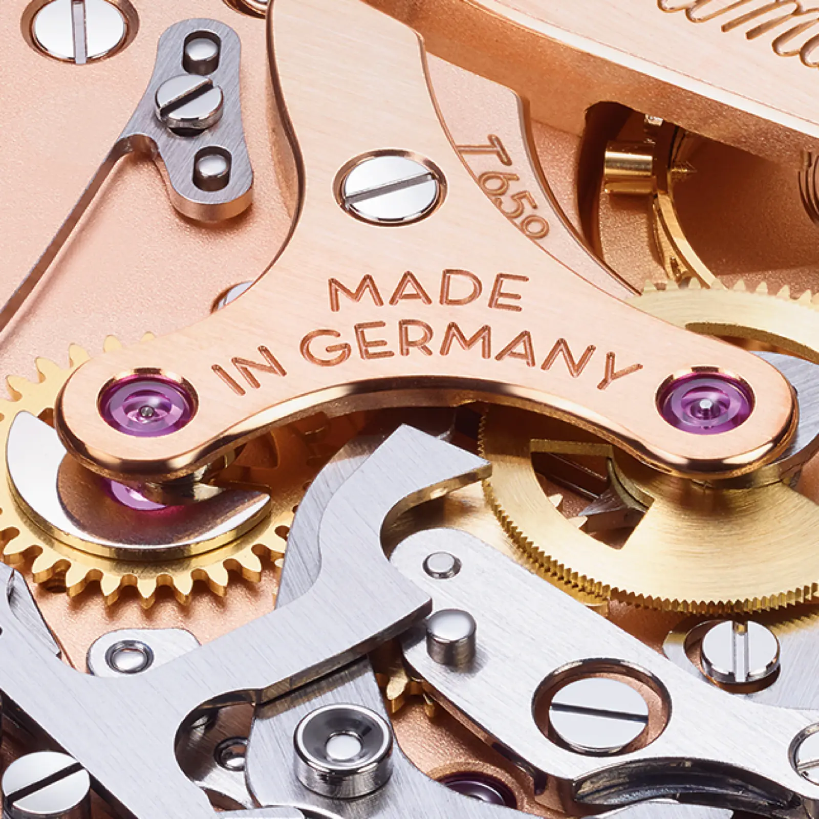 Caliber T659 — Made in Germany bridge, gear train and tin-polished steel levers