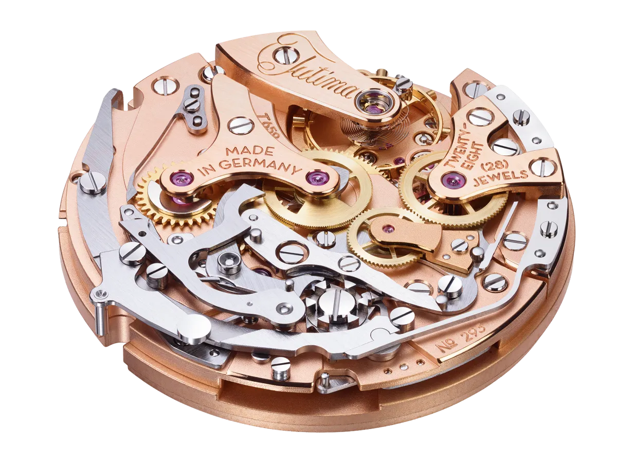 Caliber T659 — flyback chronograph movement, perspective view, column wheel and Glashütte finishing