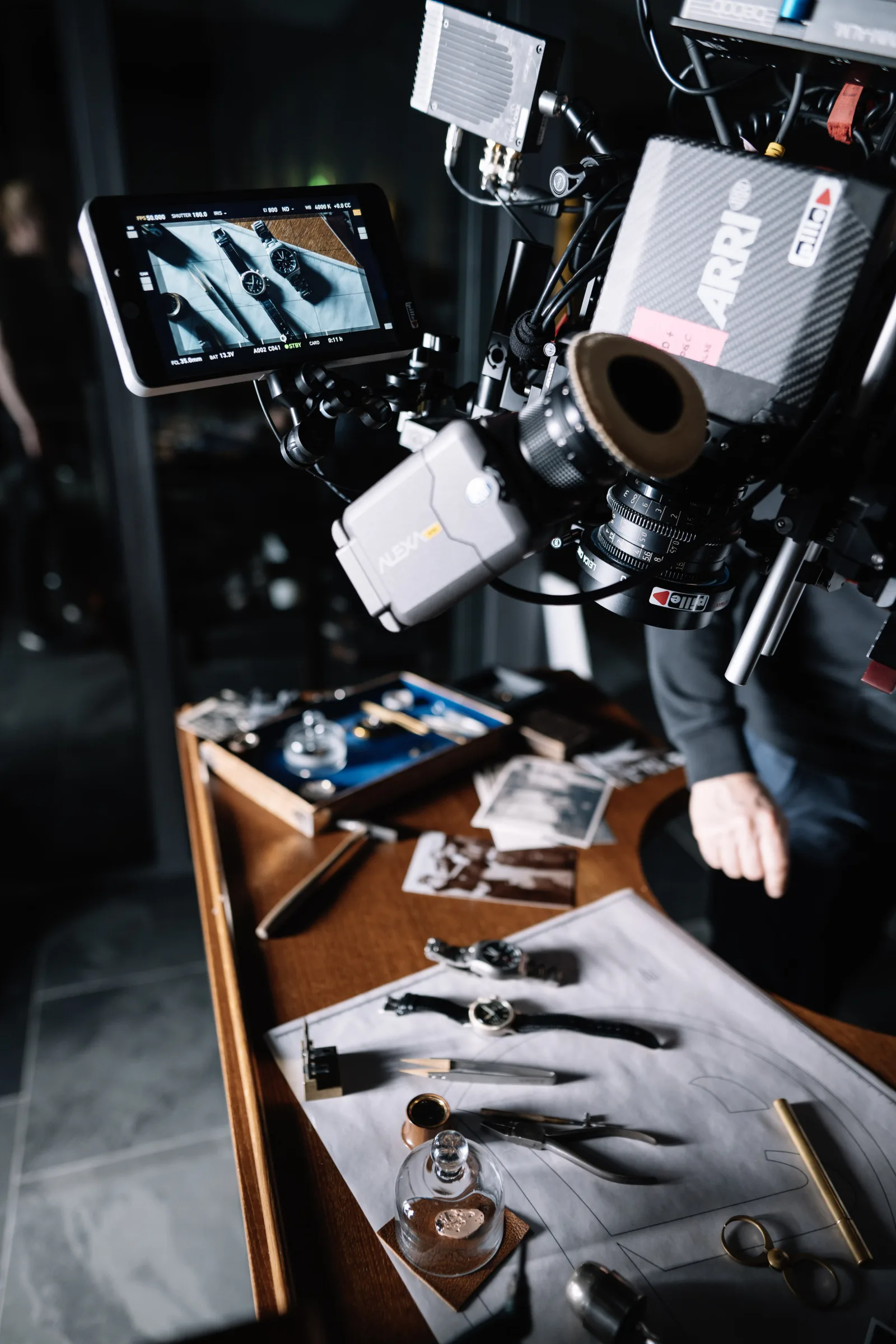 ARRI camera filming styled watchmaker desk from above — the 2017 campaign shoot