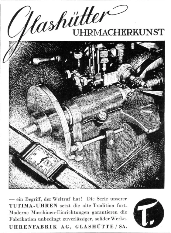 UFAG advertisement — watchmaker at lathe