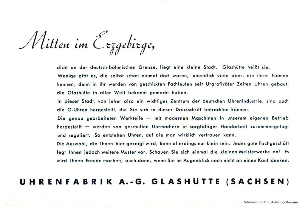 Archival document — "Mitten im Erzgebirge" — the story of Glashütte