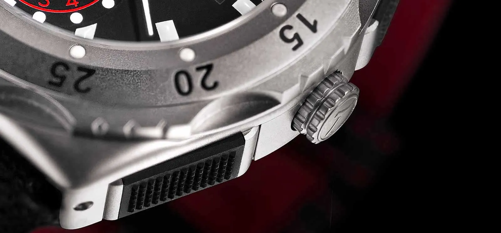 M2 Chronograph — crown and bezel detail, bead-blasted titanium