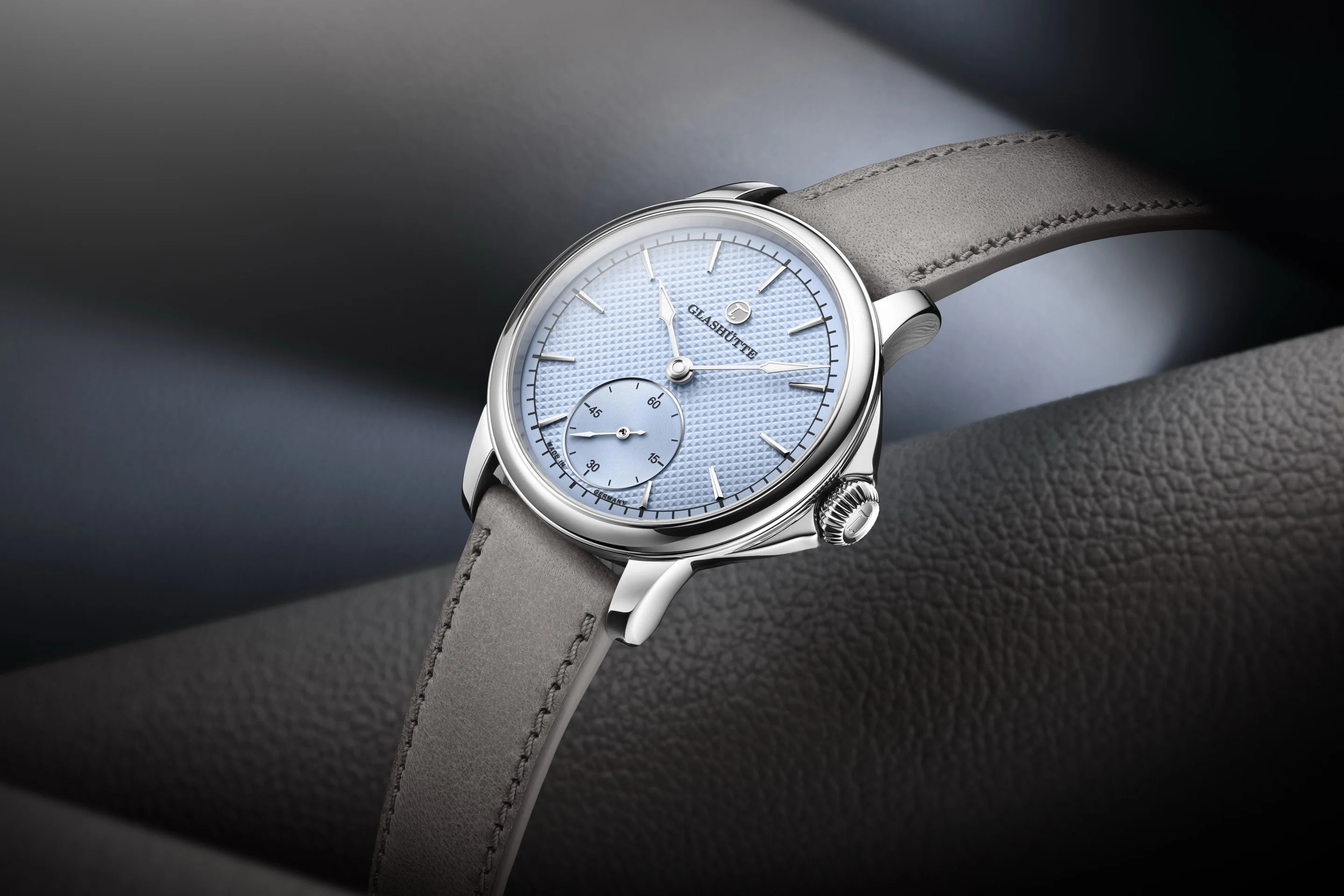 Patria in light blue — Tutima’s manufacture three-hand watch with guilloché dial