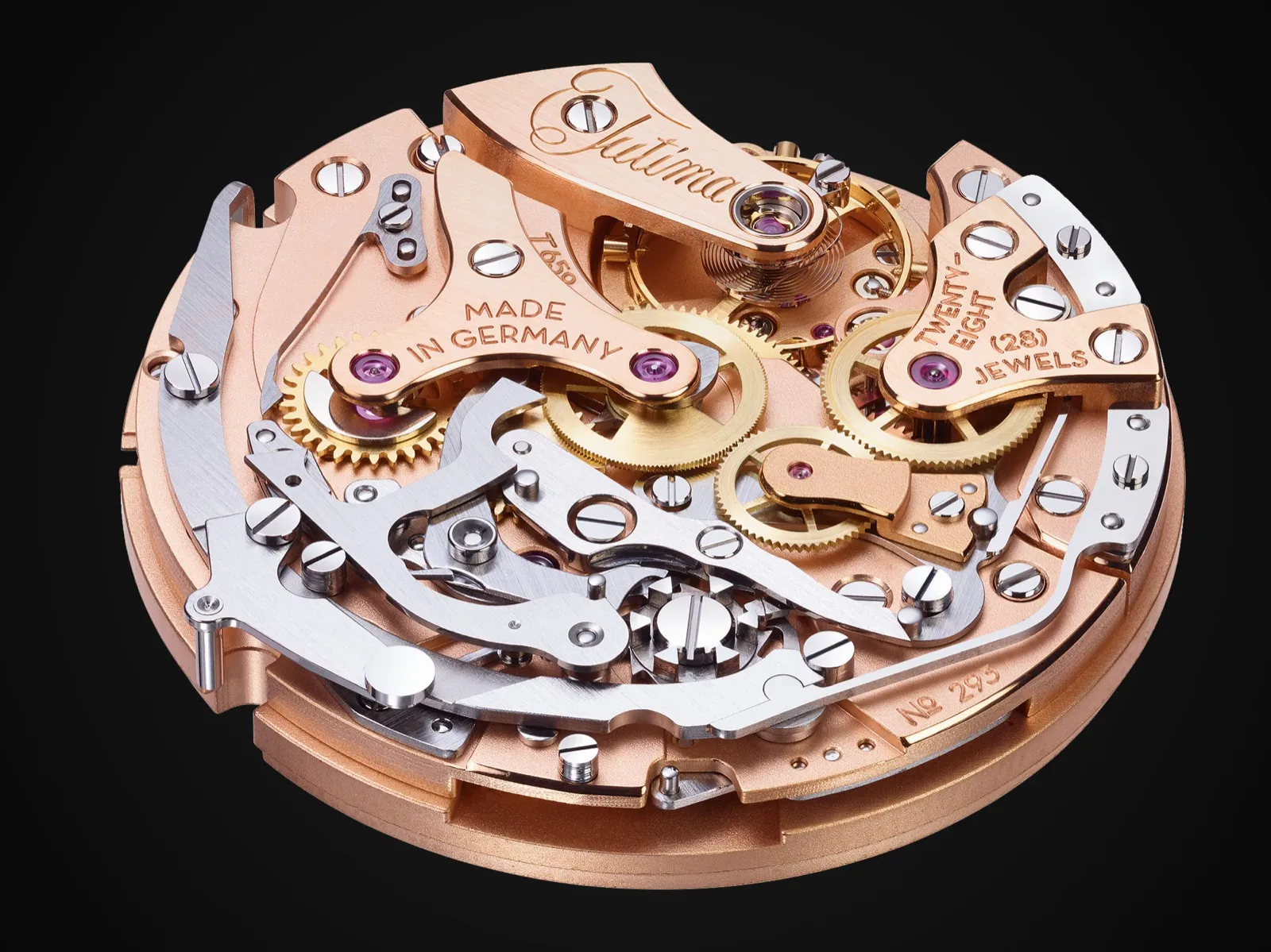 Cal. T659 column-wheel flyback movement — rose gold finish, 28 jewels